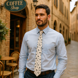 Man in a light blue shirt and patterned tie standing on a street with a coffee shop sign.